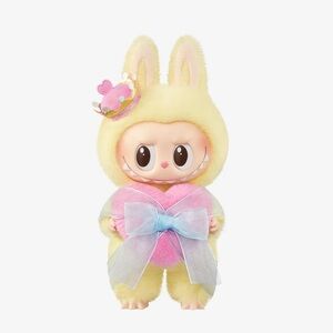 LABUBU - Yellow Labubu Doll with Pink Heart and Blue Bow